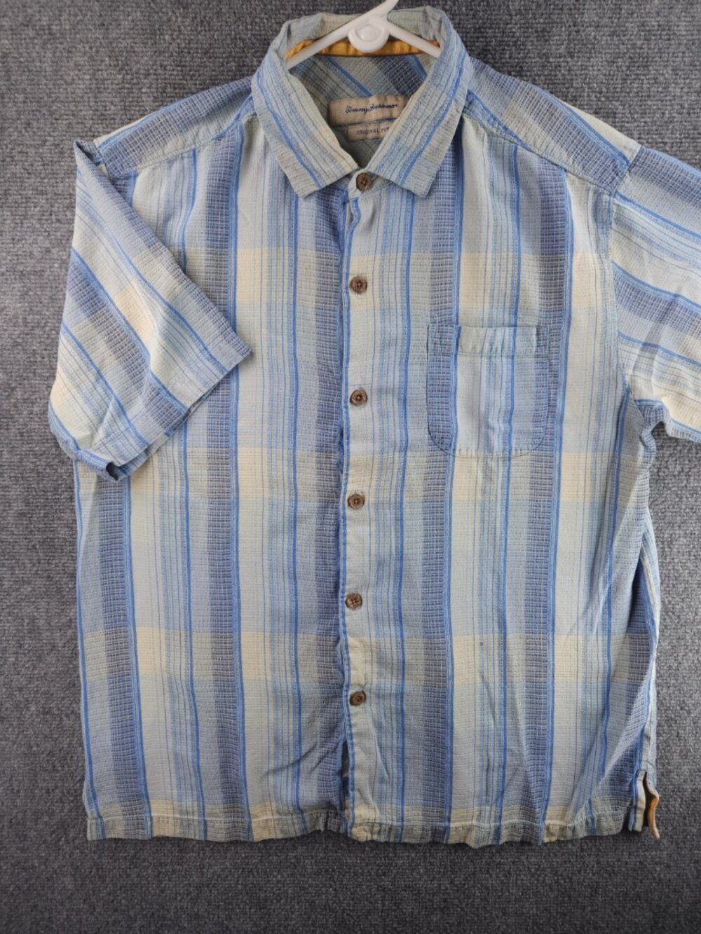 Tommy Bahama Large Short Sleeve Camp Striped Silk Blue Loop Hawaiian Beach Mens